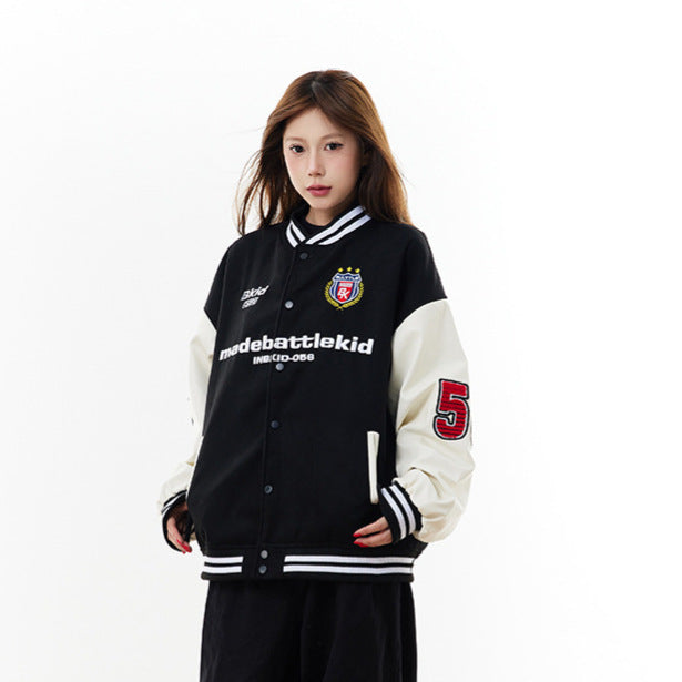 Alphabet PU leather patchwork contrasting baseball jersey
