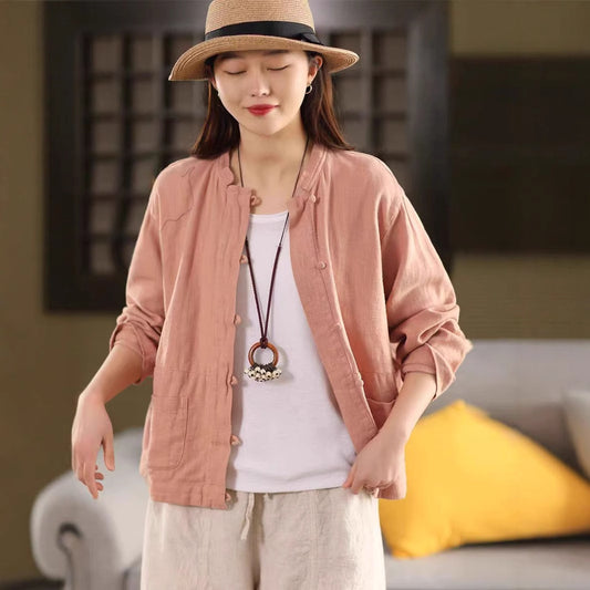Vintage Heavy-Work Sand-Washed Hemp Stand Collar Jacket with Single-Breasted Buttons and Matching Color Scheme