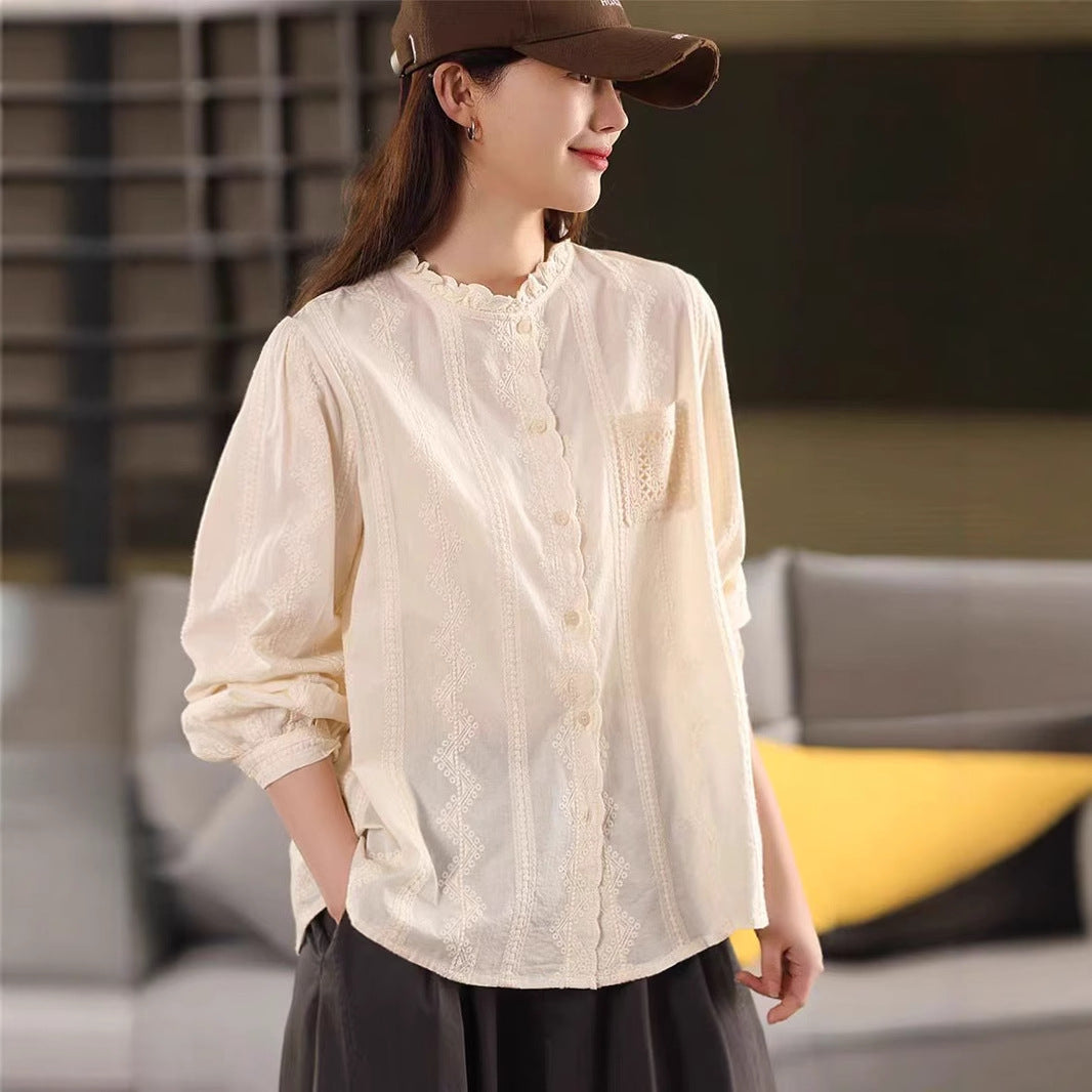 Vintage Embroidered Cotton Blouse Women's Literary Ruffled Collar Shirt Long Sleeve Top