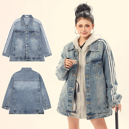 Splicing three striped denim jackets with stripes