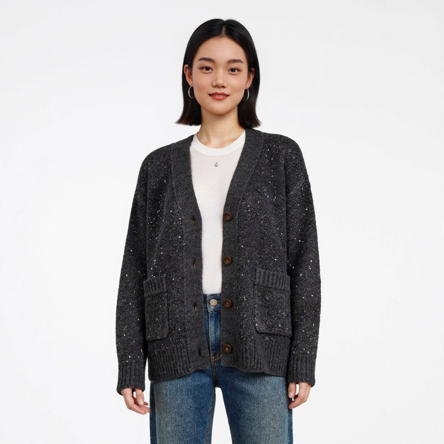 Sequin Design Long Sleeve Sweater Knit Cardigan Women's Heavyweight Thick Casual Loose Top