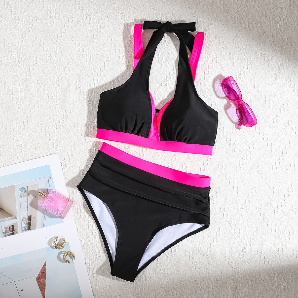 Color-blocked Halter High-waisted Sexy Bikini Two-piece Swimsuit for Women