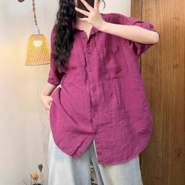 Casual Versatile Sand-Washed Linen Buttoned Short-Sleeved Shirt with Turn-Down Collar for Women