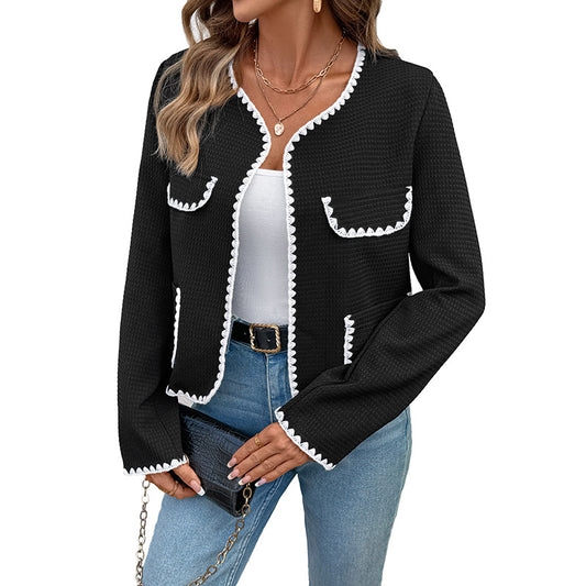 Women's Loose V-neck Decorative Edge Color-blocking No-button Jacket