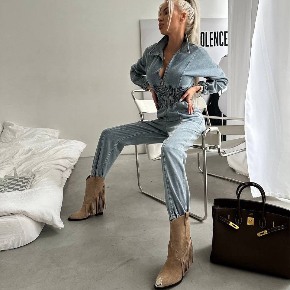 Youthful Washed Denim Jumpsuit Women's High-Grade Long Pants Style
