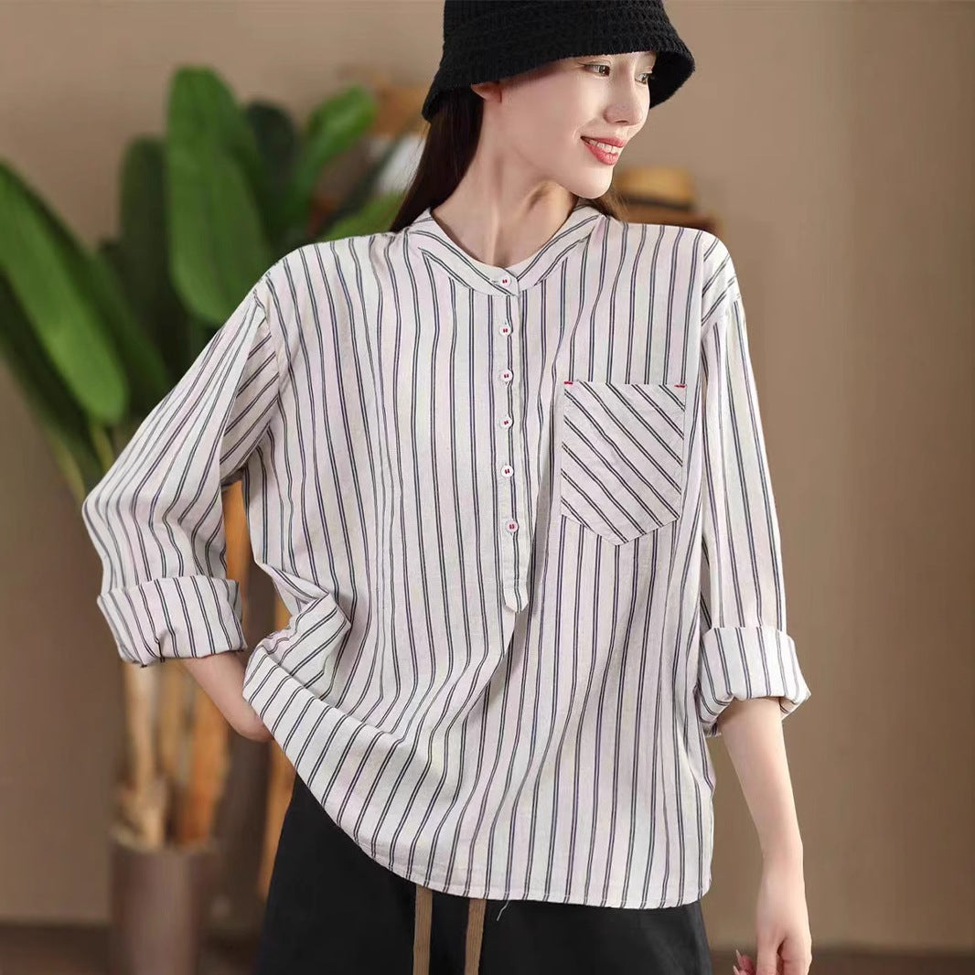 Vintage Vertical Striped Cotton Shirt Women's Handmade Embroidered Long Sleeve Top