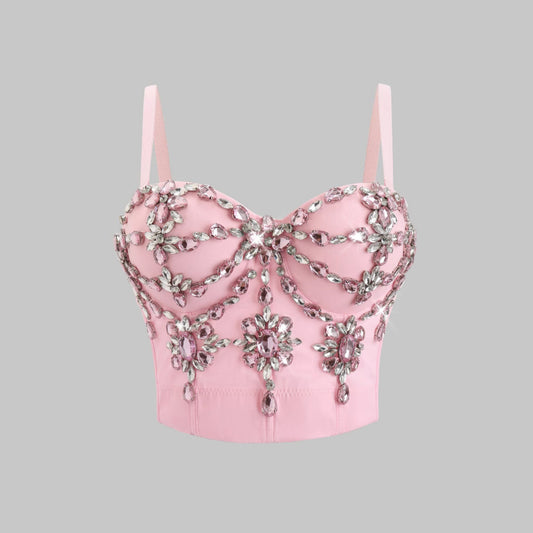 Worn Outside Pink Rhinestone Embroidery Heavy Work Bustier Sexy Fitted Strapless
