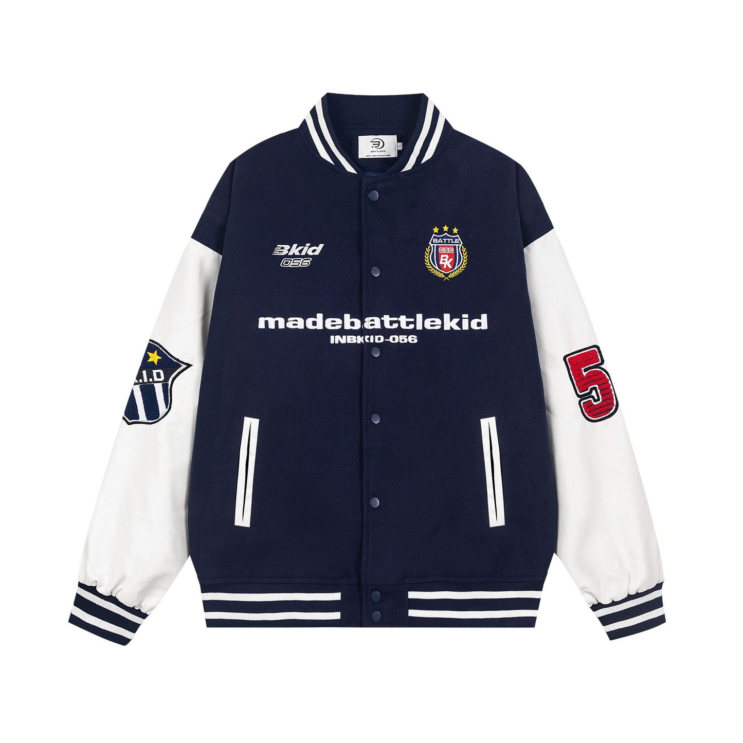 Alphabet PU leather patchwork contrasting baseball jersey