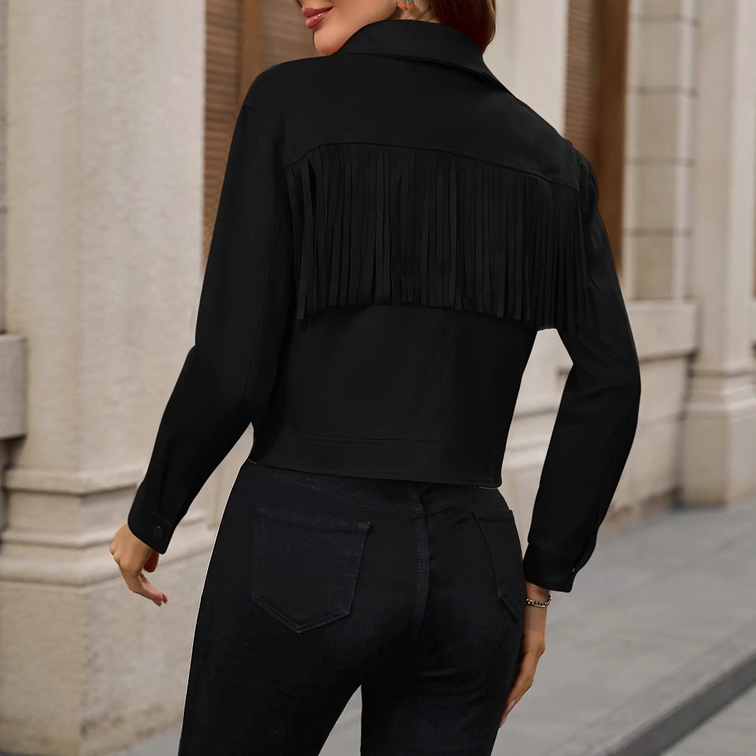 Women's Tassel Solid Color Zipper Casual Jacket