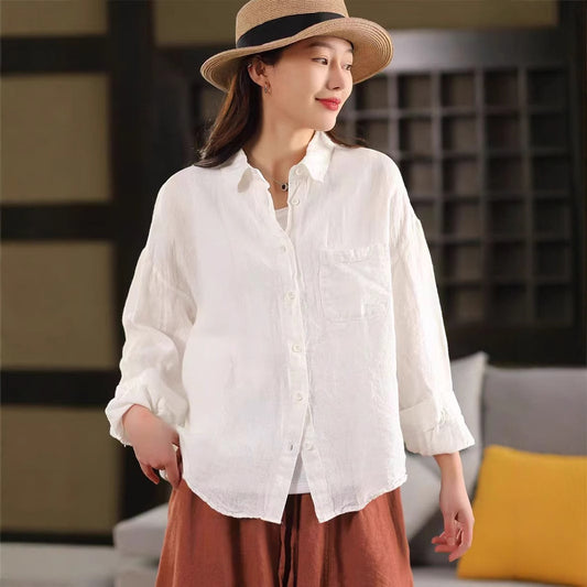 Heavy Washed Linen Shirt Jacket for Women - Elegant Notched Collar Long Sleeve Blouse Cardigan