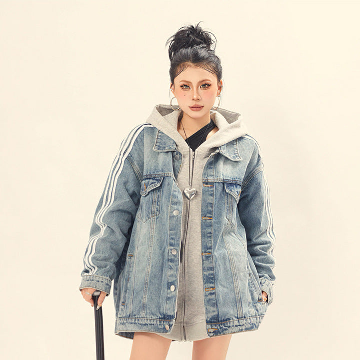 Splicing three striped denim jackets with stripes