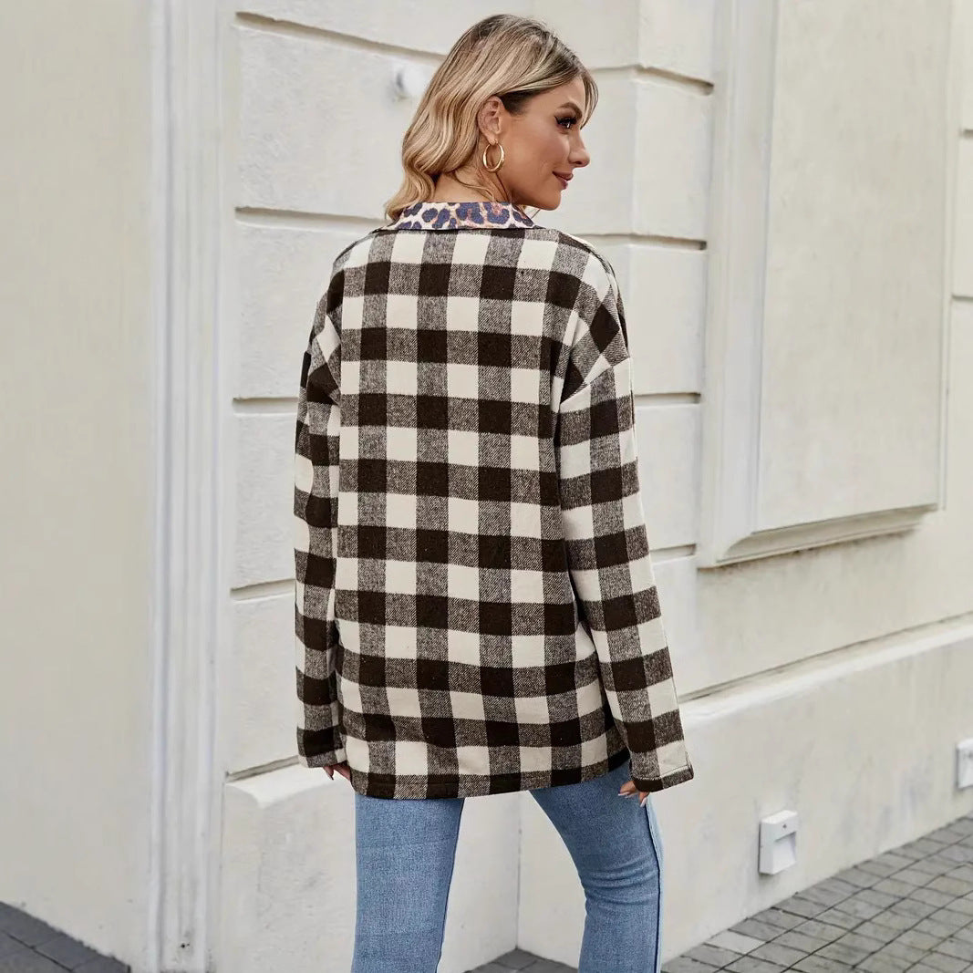 Autumn Houndstooth Leopard Print Contrast Color Plaid Long Sleeve Shirt Women's Clothing