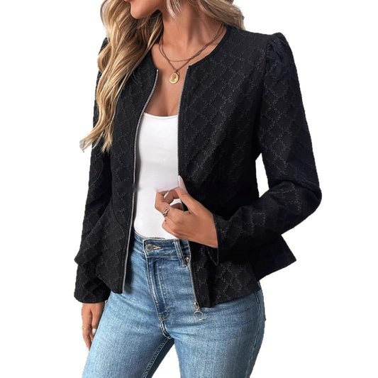 Women's Slim-fit Solid Color Embossed Waist-controlled Long Sleeves Round Neck Lightweight Top