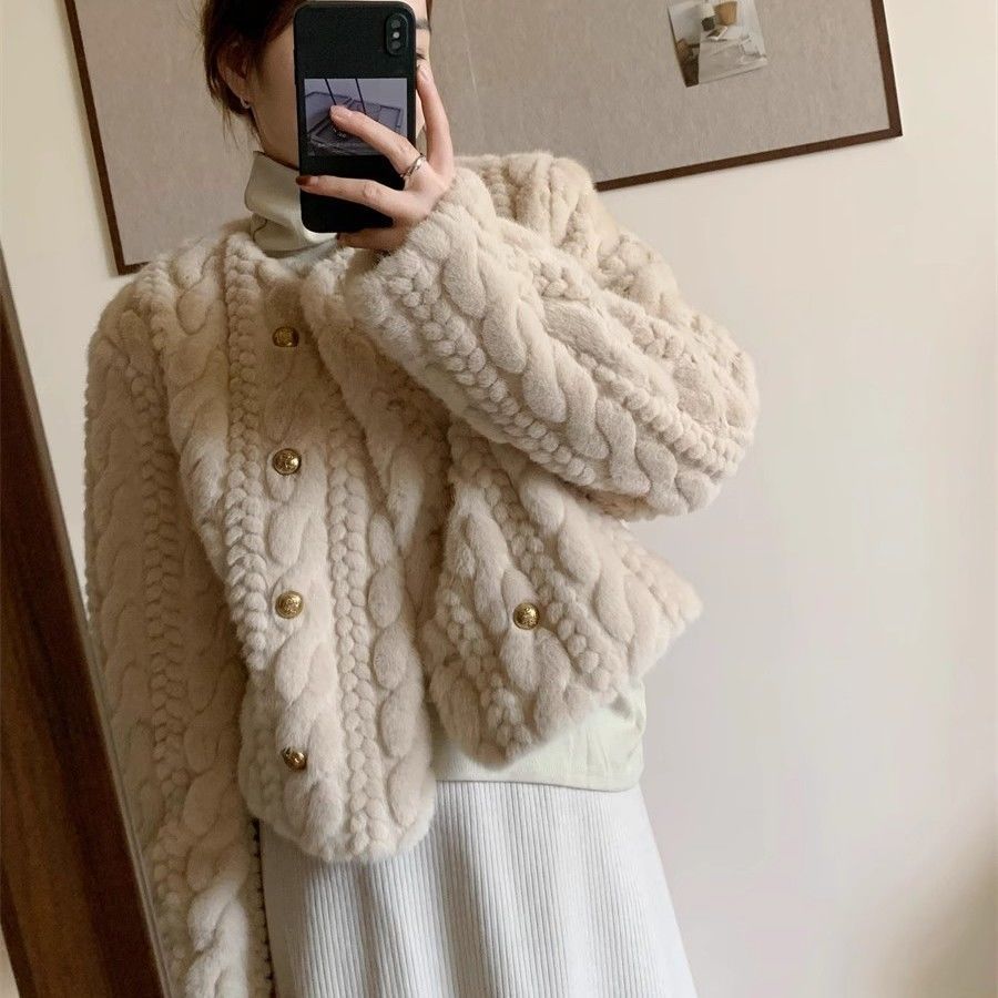 Thick Round Neck Double Breasted Short Baggy Coat Women